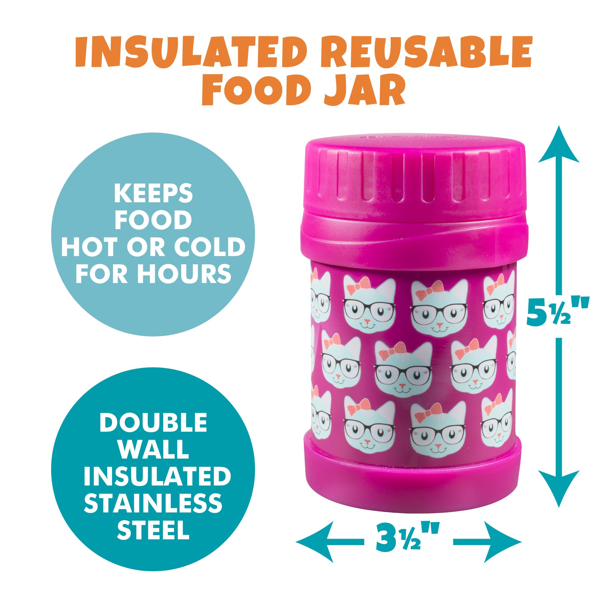 Bentology Stainless Steel Insulated 13oz Thermos for Kids - Kitty - Large Leak-Proof Lunch Storage Jar for Hot or Cold Food  Soups  Liquids - BPA Free - Fits in Most Lunch Boxes and Bags